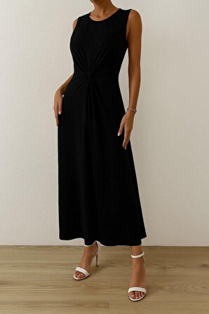 Kadın Sıfır Kollu Bisiklet Yaka Yandan Büzgü Detaylı Viskon Elbise