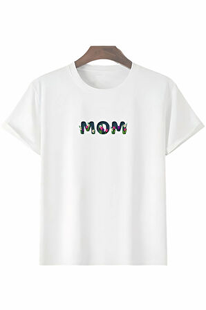Anneler Gününe Özel Tasarım Mom Çiçek Baskılı T-shirt - Beyaz