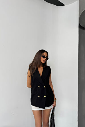 GOLD DÜĞMELİ KETEN YELEK - Siyah