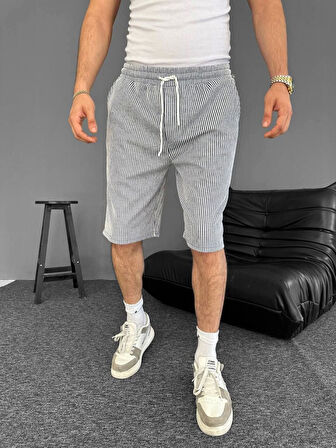 Su Yolu Çizgili Cepli Şort- Gri