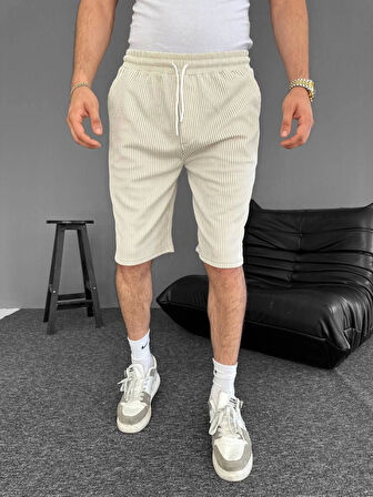 Su Yolu Çizgili Cepli Şort- Bej