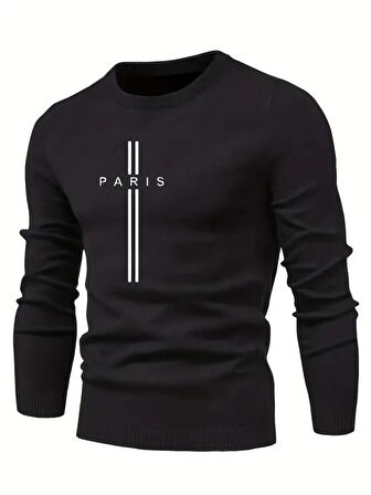 Erkek Uzun Kollu Bisiklet Yaka Yazı Detaylı Iki Iplik Bluz