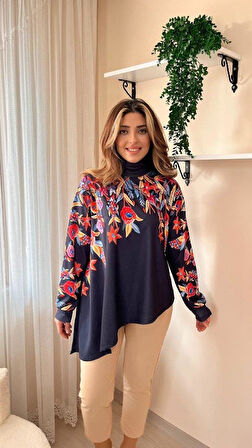 Kadın Uzun Kollu Balıkçı Yaka Asimetrik Kesim Dalgıç Kumaş Bluz