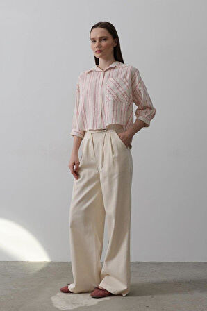 Çift Pileli Palazzo Pantolon - Natür