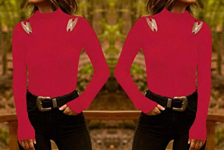 Kadın Uzun Kollu Omuz Dekolte Ve Aksesuar Detay Viskon Bluz