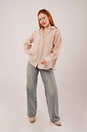 Kol Düğmeli Çizgili Bej Gömlek