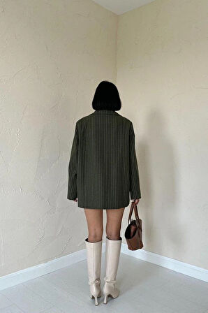 Haki Çizgili Oversize Ceket