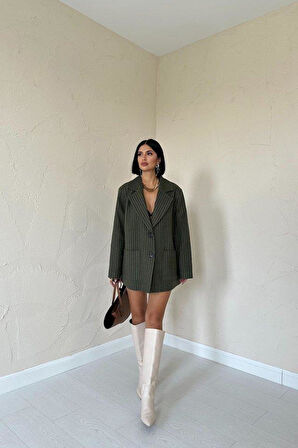 Haki Çizgili Oversize Ceket