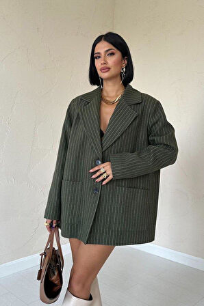 Haki Çizgili Oversize Ceket