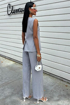 Çizgili Viscon Keten Yelekli Rahat Takım 10121