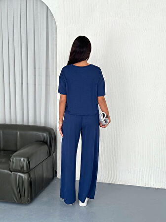 Osy Modal Yumuşak Dokulu Kumaş Bisiklet Yaka T-shirt Bol Paça Pantalon Ikili Takım -Saks Mavi