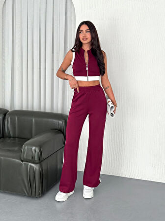 Osy Modal Yumuşak Dokulu Kumaş Tam Fermuarlı Crop Pantalon İkili Takım - Bordo