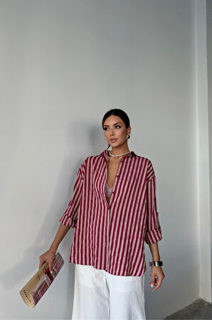 ÇİZGİLİ GÖMLEKKETEN - Bordo