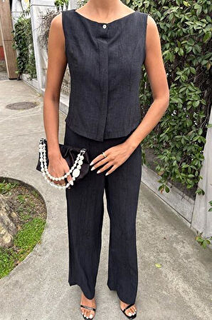 Sıfır Kollu Bluz Batik Desenli Pantolon İkili Takım 10181-08