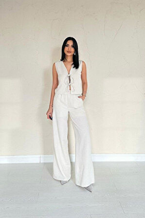 Bej Önü Fiyonklu Keten Takım