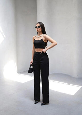 Arkasi Lasti̇kli̇ Pi̇leli̇ Dökümlü Wide Leg Pantolon