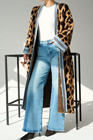 Uzun Leopar Hırka - Camel-Mavi