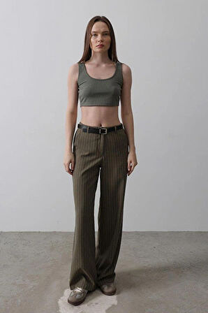 Kemerli Palazzo Pantolon - Haki-Beyaz