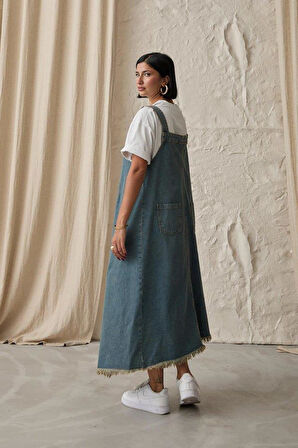 Mavi Askılı Düğmeli Kot Elbise