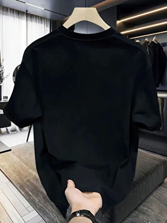 Rahat Bisiklet Yaka Tişört, Yaratıcı Karikatür Baskı - Yumuşak Polyester, Her Mevsim Giyilebilir- Siyah