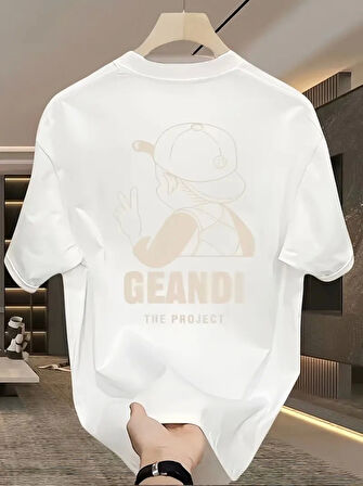 Geniş Kesim Pamuklu Tişört - GANDHI The Project Baskılı, Beyaz, Rahat Kesim, Kısa Kollu, Günlük Kıyafet, Her Gün Giyilebilecek Tişört- Beyaz