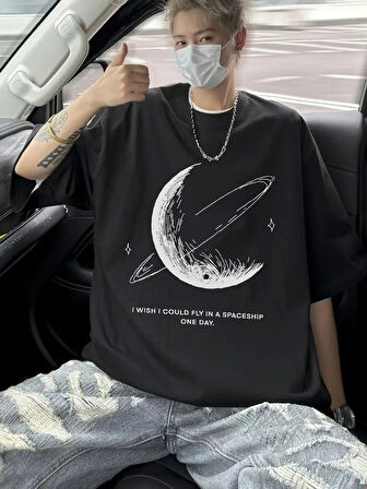 Baskılı Oversize Bisiklet Yaka T-shirt - Siyah