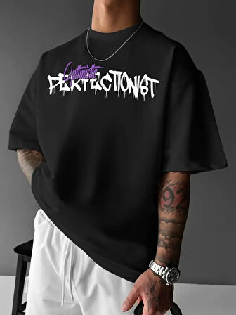 Baskılı Oversize Bisiklet Yaka T-shirt - Siyah