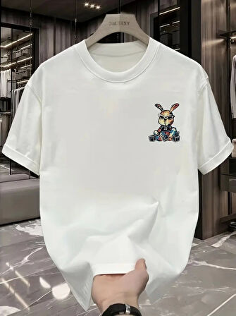 Baskılı Oversize Bisiklet Yaka T-shirt - Beyaz