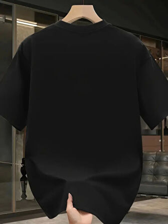 Baskılı Oversize Bisiklet Yaka T-shirt - Siyah