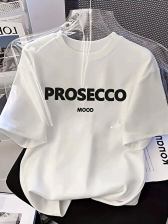 Baskılı Oversize Bisiklet Yaka T-shirt - Beyaz