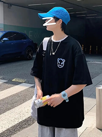 Baskılı Oversize Bisiklet Yaka T-shirt - Siyah