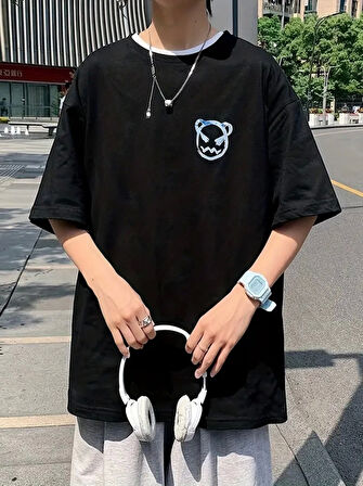 Baskılı Oversize Bisiklet Yaka T-shirt - Siyah