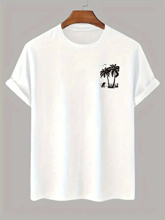 Baskılı Oversize Bisiklet Yaka T-shirt - Beyaz