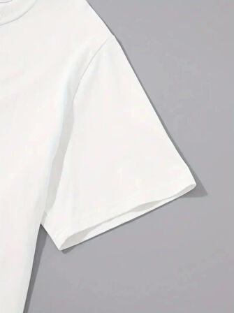 Baskılı Oversize Bisiklet Yaka T-shirt - Beyaz