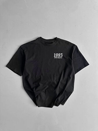 Baskılı Oversize Bisiklet Yaka T-shirt - Siyah