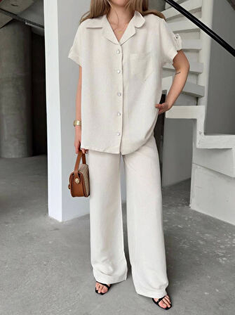 Keten Kısa Kollu Cepli Gömlek Pantolon Ikili Takım - Beyaz