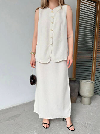 Keten Kolsuz Hırka Etek Ikili Takım- Beyaz