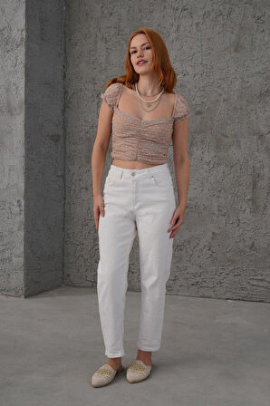 Puantiyeli Belden Oturtmalı Tül Krem Bluz