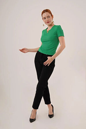 Kısa Kollu Yaka Detaylı Kaşkorse Yeşil Bluz