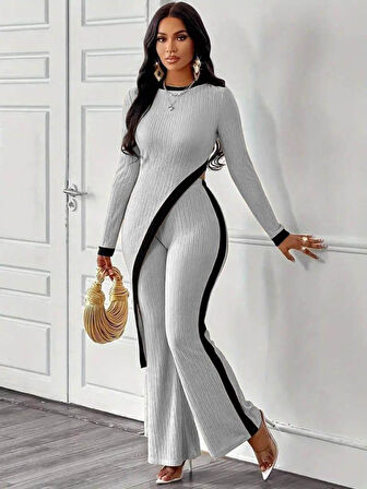 Kadın Uzun Kollu Bisiklet Yaka Asimetrik Kesim Bluz şardonlu Kaşkorse Bluz Ve Pantolon Ikili Takım