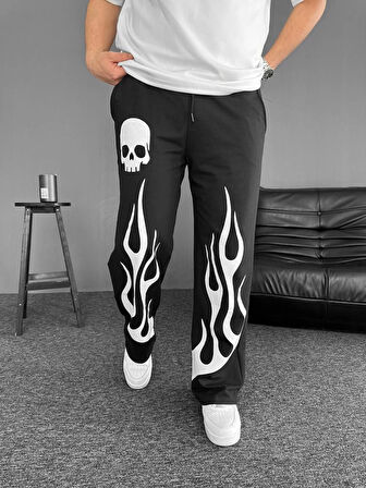 İki İplik Baskılı Kumaş Baggy Alt Esofman - Siyah