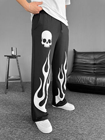 İki İplik Baskılı Kumaş Baggy Alt Esofman - Siyah