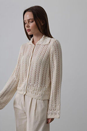 Gömlek Yaka Uzun Kol Triko - Ekru