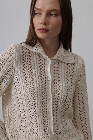 Gömlek Yaka Uzun Kol Triko - Ekru