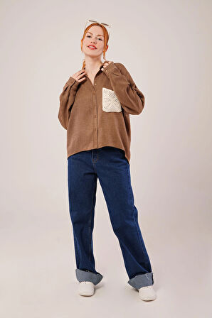 Etnik Cep Detaylı Kahverengi Gömlek