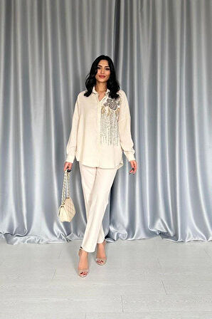 Krem Pulpayet Nakışlı Bedensiz Gömlek