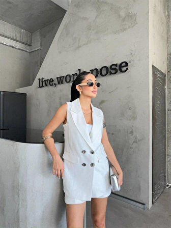 KETEN YELEK - ŞORT TAKIM - Beyaz