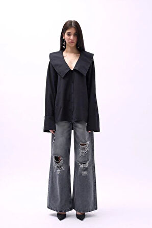 Geniş Yaka Volan Kol Gömlek