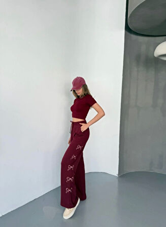 Osy Modal Yumuşak Dokulu Kumaş Nakış Işlemeli Rahat Bol Paça Eşofman Pantalon - Bordo