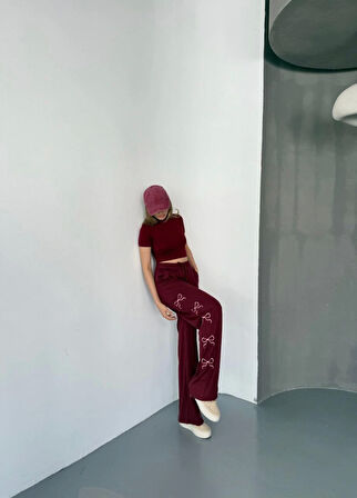 Osy Modal Yumuşak Dokulu Kumaş Nakış Işlemeli Rahat Bol Paça Eşofman Pantalon - Bordo